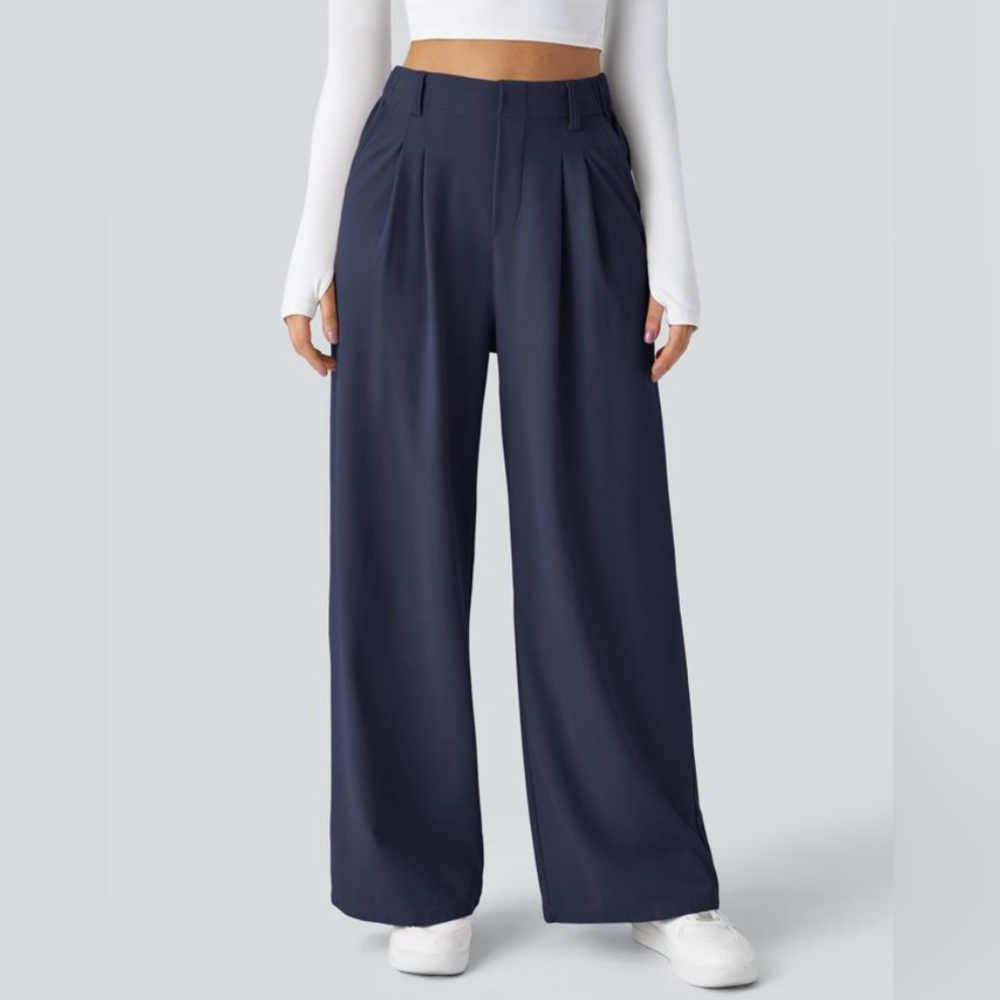 HALARA Flex Navy Blue Waffle Knit High Waist Wide-Leg Pants Women’s L NWT